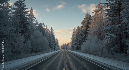 Winter dusk road scene thro...