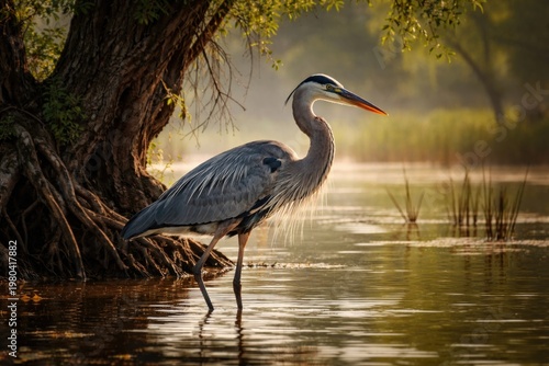 A graceful heron wading nea...