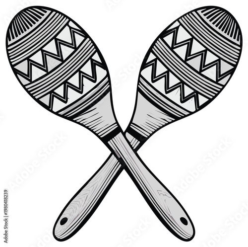 Pair of decorative maracas with traditional ethnic patterns and wooden handles, crossed for rhythm and music