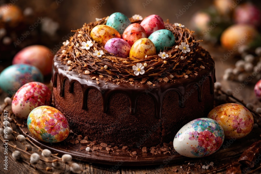 Fototapeta premium Chocolate Easter cake topped with a vibrant edible egg nest surrounded by hand-painted eggs against a softly blurred backdrop