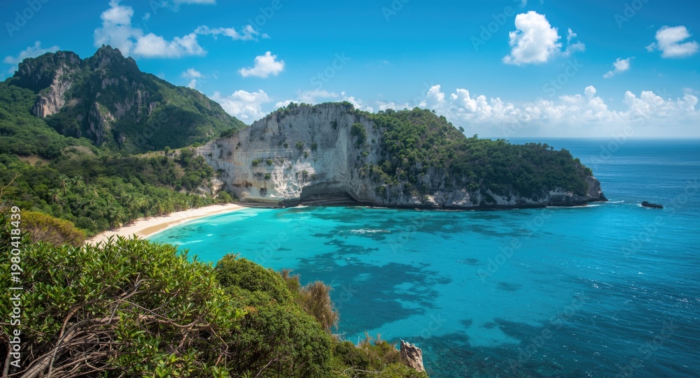 Fototapeta premium Turquoise tropical bay bordered by jagged cliffs and abundant greenery under clear sky