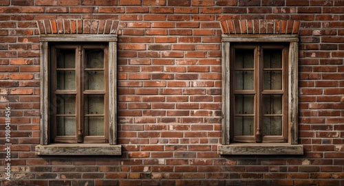Textured red brick wall featuring aged wooden window frames with rustic design elements