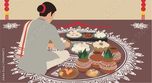 A traditional Indian ritual scene featuring a person arranging offerings and kalashas on a decorated floor, surrounded by sweets and cultural elements.