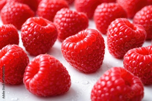 Close up of fresh raspberries arranged neatly on a white surface for romantic Valentines Day treats