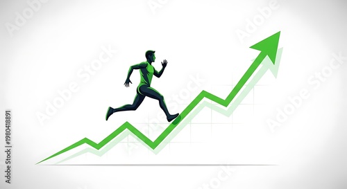 Businessman running up green growth chart.