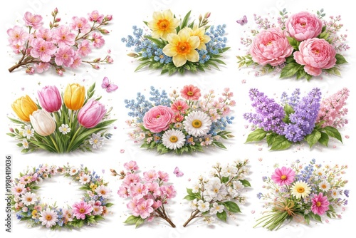 spring blooming flowers in separate design elements