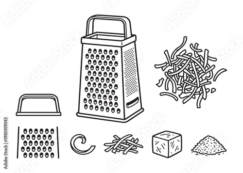Kitchen grater and shredded food vector illustration with different cutting styles and cheese pile.
