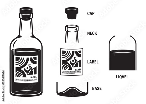 Bottle and its parts vector illustration set including cap neck label liquid and glass base design.