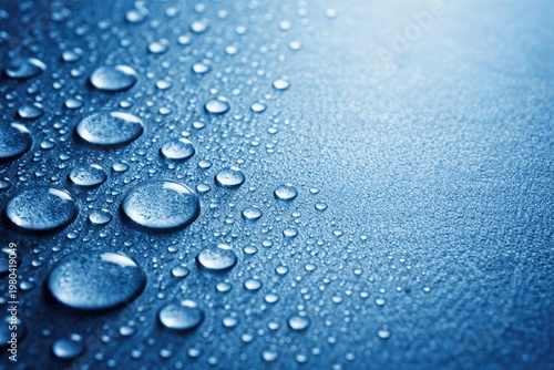 Blue textured background with close up of water droplets on smooth surface and copy space