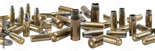 Cuadro en lienzo Collection of Brass Pistol Bullets and Ammunition Cartridges Scattered Isolated