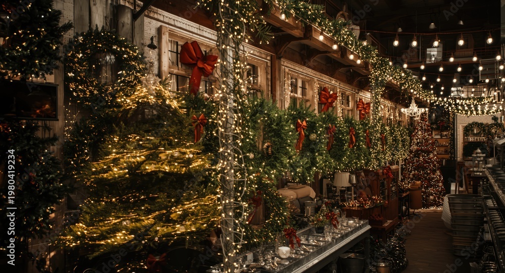 Fototapeta premium Holiday decor store featuring large motion blurred Christmas tree decorations surrounded by wreaths and warm glowing string lights