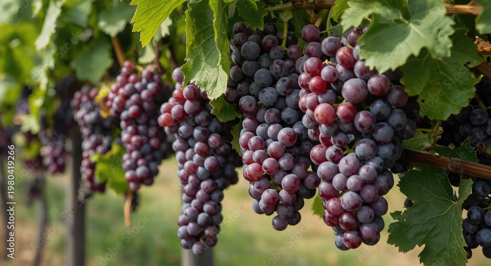 Fototapeta premium Hanging bunches of ripe grapes on grapevines during preharvest time
