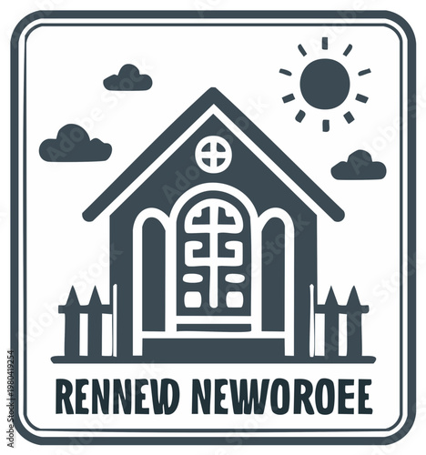 Simple house with a decorative window a picket fence and a sunny sky graphic