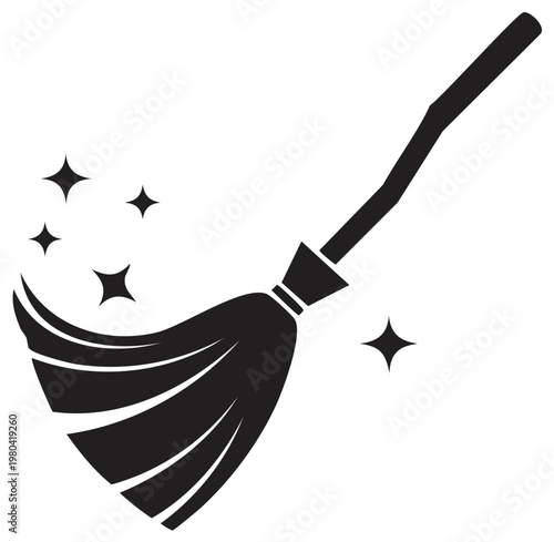 Stylized black silhouette of a broom with sparkling stars indicating cleanliness