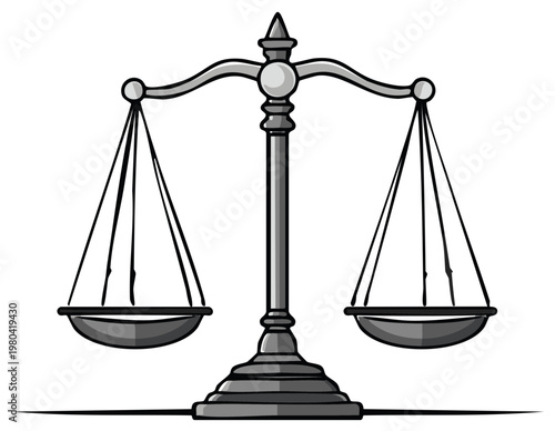 Illustration of silver scales of justice, balance symbol representing fairness and legal system in equilibrium.