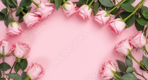 Arrangement of pink roses on a minimal pink background featuring space for adding text