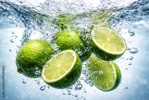 Refreshing limes splashing into clear water with bright bubbles