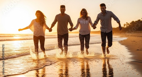 Friends Running and Splashing in Ocean Water at Sunset