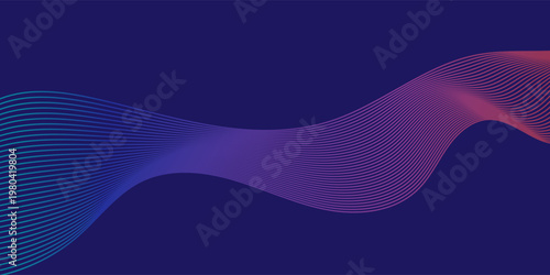 Abstract colored background with flowing wavy lines. Thin, vibrant neon light lines create a glowing effect. Bright shades of blue, purple and red smoothly transition into dark tones and black.