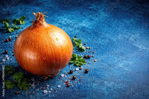 Aromatic onion on vivid blue textured background with copy space