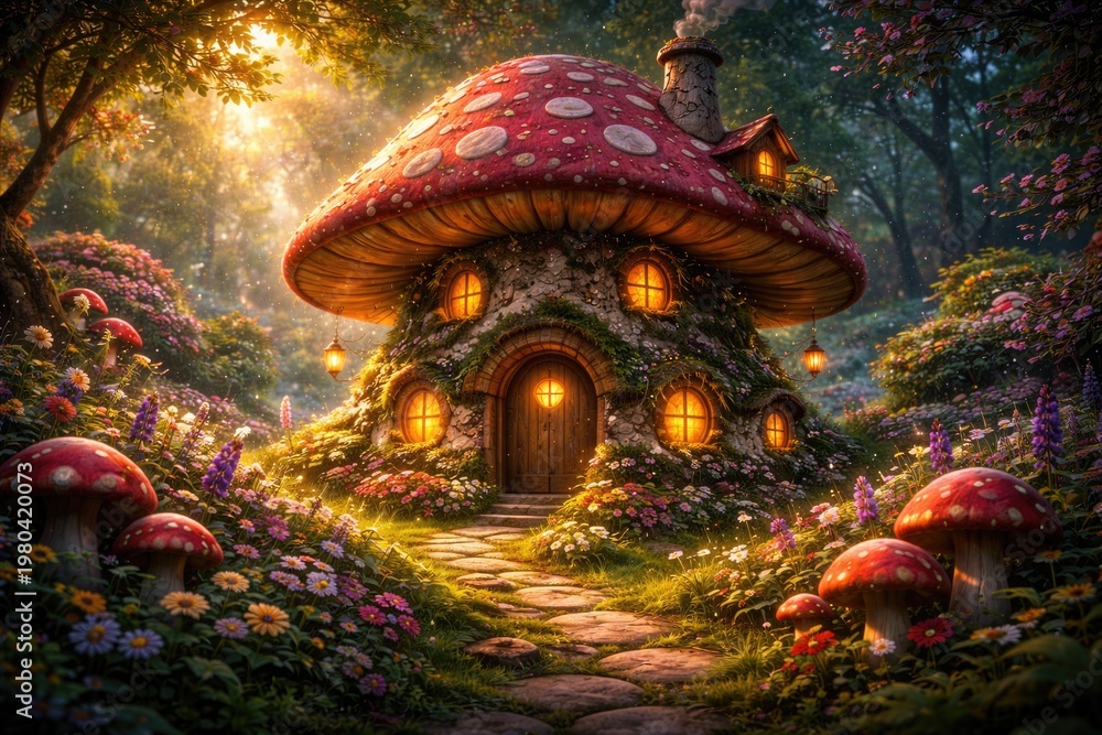 Fototapeta premium Whimsical Mushroom House Surrounded by Vibrant Flowers in a Fantasy Garden
