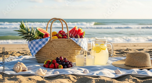 Summer Beach Picnic with Fresh Fruit and Lemonade