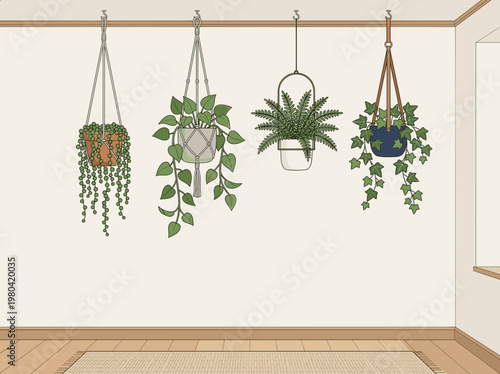 Interior design with hanging houseplants on a wooden ceiling, creating a green and lively home atmosphere with an earthy rug and wall art
