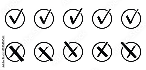 Canvastavla Check mark, Cross mark black icon vector set
