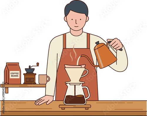 Experience the calming ritual of manual pour-over coffee brewing as a skilled barista expertly prepares a fresh, aromatic beverage using traditional methods