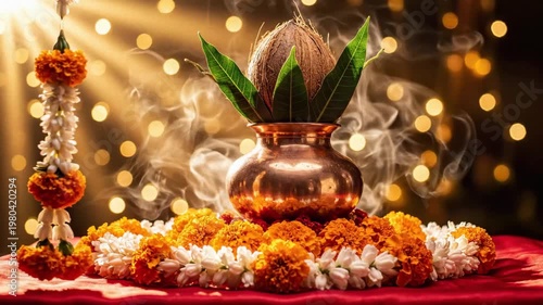 Akshaya tritiya puja with kalash and marigold garlands, symbolizing prosperity, glowing warmly with bokeh lights.