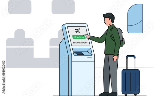 Passenger utilizing self-service check-in kiosk at a modern airport terminal, streamlining travel procedures with digital efficiency and convenience, enhancing the travel experience