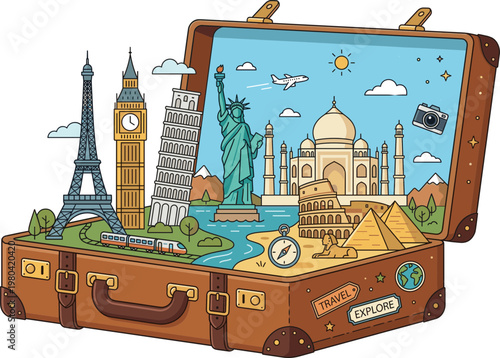 A vintage suitcase overflowing with famous global landmarks and travel essentials, perfect for wanderlust inspiration