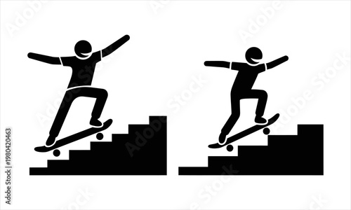 Dynamic Silhouette Vector Icons of Skaters Riding Skateboards Down Stairs and Steps, Extreme Sports Illustration