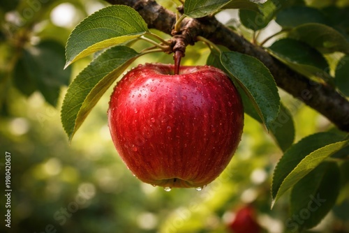 A ripe red apple hanging from a leafy tree branch