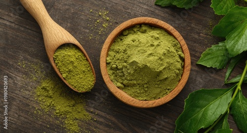 Moringa powder served in wo...