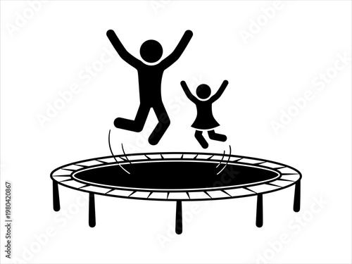 Joyful people jumping on trampoline in black and white silhouette