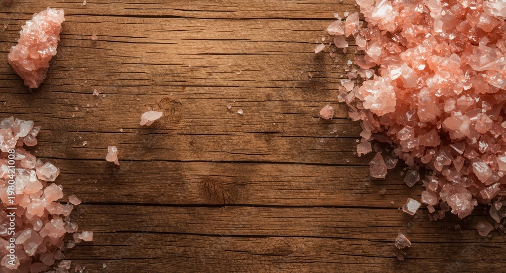 Fototapeta premium Wood surface with visible grain covered partially by pink Himalayan salt crystals under soft light