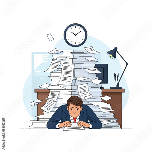 Vector illustration of an overwhelmed businessman sitting at an office desk buried under a high stack of paperwork, featuring a wall clock, desk lamp, and white background.