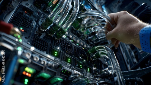 Technician managing high density network cabling in data center to ensure stable connectivity optimize system performance and support scalable digital infrastructure operations