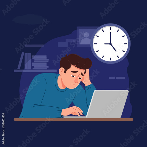 A flat vector illustration of a tired male freelancer sitting at a desk working late at night on a laptop with a large clock in the background showing midnight deadline pressure.