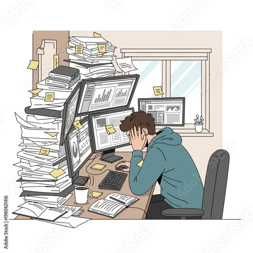 Vector illustration of an overworked male freelancer looking stressed at a desk with four computer monitors, large piles of documents, and sticky notes in a cluttered office.