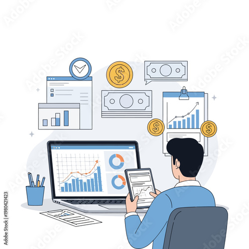 Flat vector illustration of a male professional sitting at a desk managing personal finances and income tracking on a laptop and tablet with floating dollar icons and data charts.