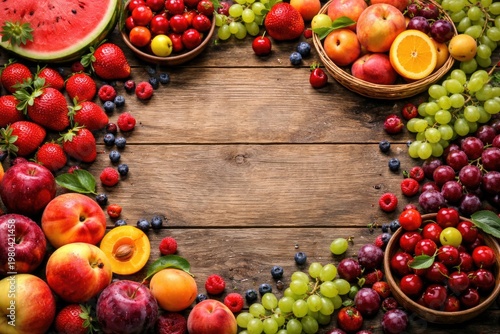 Colorful ripe summer fruits arranged on a wooden table with ample copy space for text