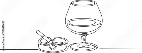 Continuous line drawing of a wine glass and ashtray with cigarette