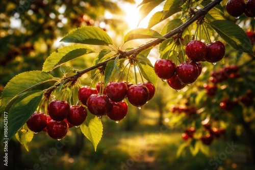 Organic cherry orchard branch with sunlit ripe cherries