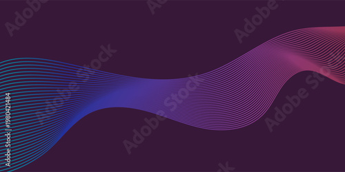 Abstract colored background with flowing wavy lines. Thin, vibrant neon light lines create a glowing effect. Bright shades of blue, purple and red smoothly transition into dark tones and black.