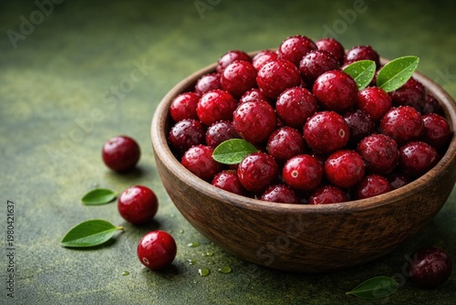Close up view of fresh organic cranberries in a bowl on a green backdrop perfect for copy space