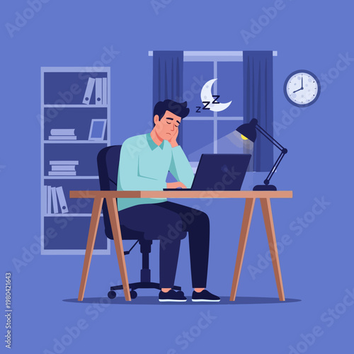Vector illustration of an exhausted man sitting at a wooden desk with a laptop late at night, featuring a lamp, a wall clock, and a crescent moon seen through the window.
