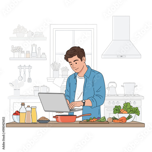 Young man using a laptop to follow a recipe while cooking dinner in a modern kitchen with fresh vegetables, a pot, and kitchenware, flat line art illustration on white background.