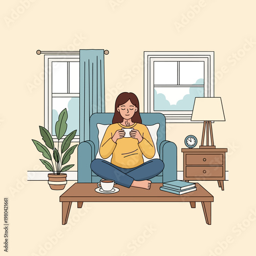 Minimalist vector illustration of a woman sitting cross-legged on a blue armchair, holding a steaming cup of tea or coffee with eyes closed in a cozy living room setting.